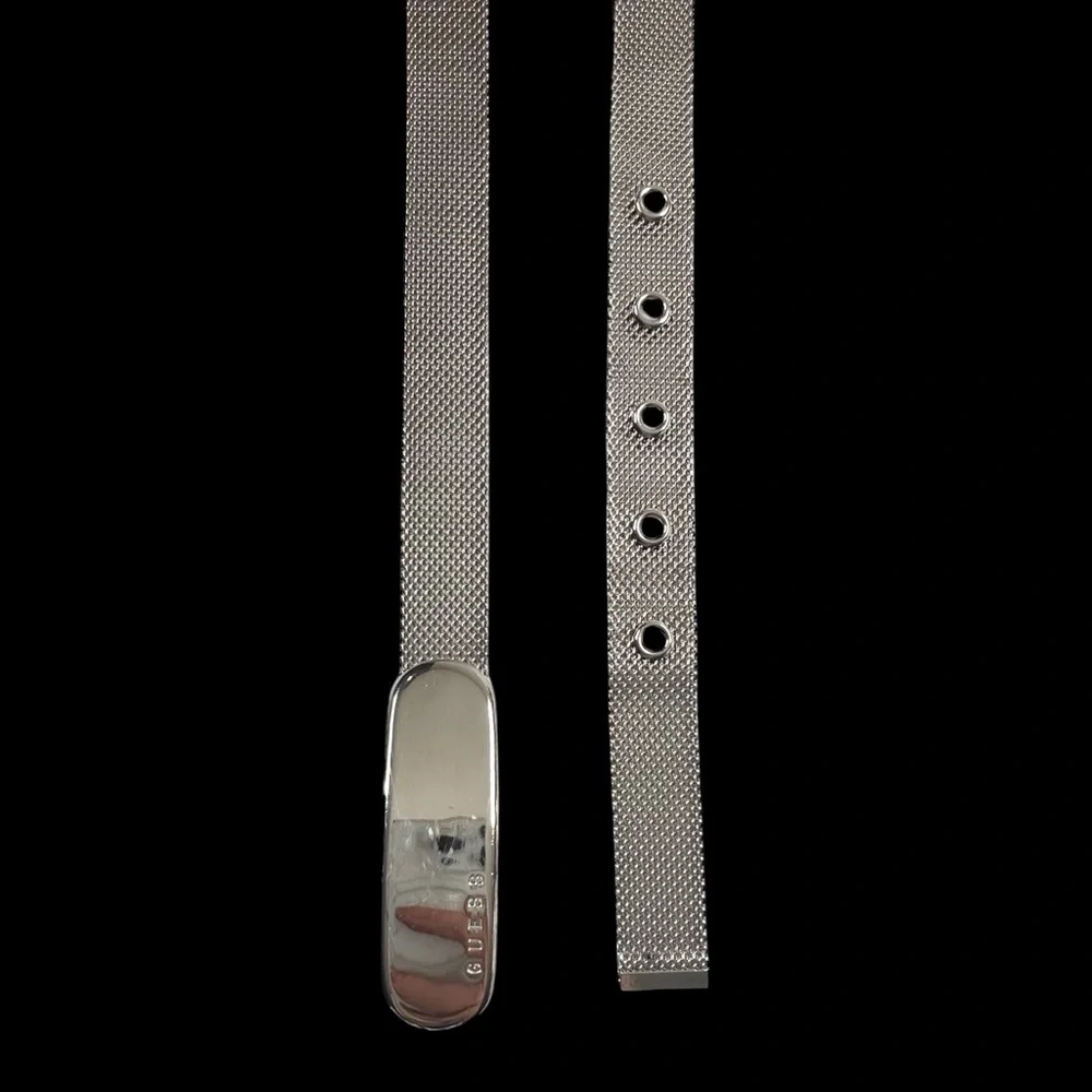 Guess Mesh Metal Belt M 30-34 Silver-Toned Polished Logo Buckle Y2K Retro Grunge